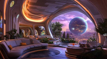 Futuristic living room with panoramic planet view.