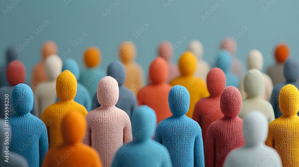 Poster a colorful crowd of abstract figures, representing diversity and unity in a stylized, artistic forma
