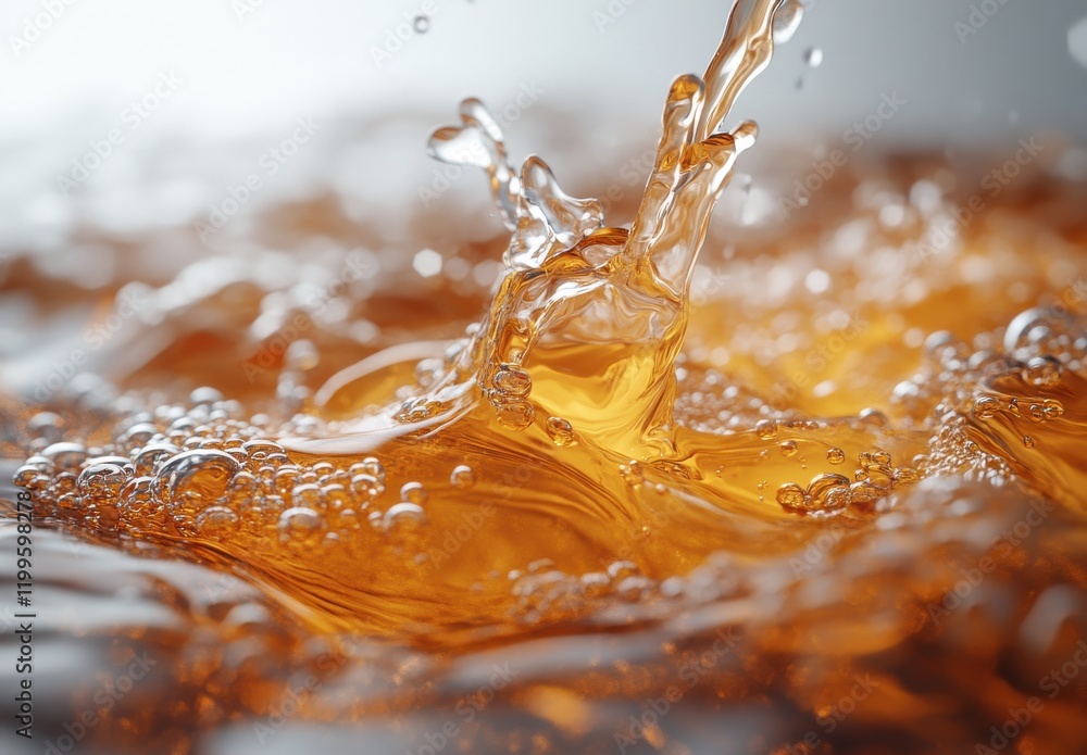 Poster sparkling amber liquid splashes and creates bubbles in a glass with a blurred background showcasing 