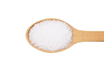 Salt in a wooden spoon isolated on white background.