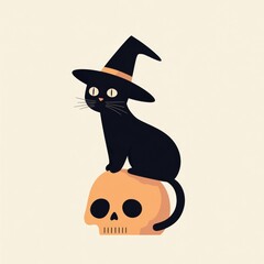 Black cat, witch hat, perched on skull.