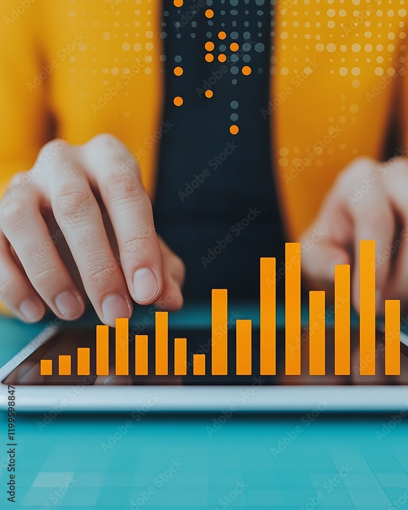 Poster a person using a tablet with digital data visualization, featuring vibrant orange bar graphs, repres