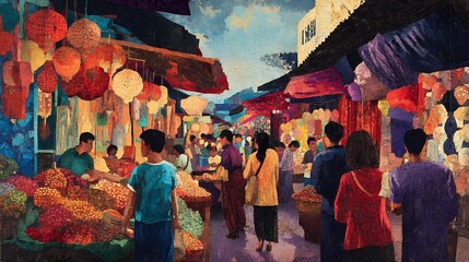 Vibrant Asian Market Scene Painting Colorful Lanterns and People