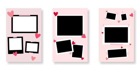 Set of happy valentine's day postcards with blank templates for photos. Postcard templates with heart and love symbols on a pink background