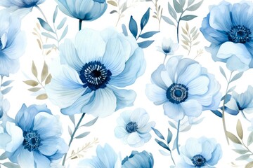 Watercolor Dusty Blue Peony Flowers and Leaves. Beautiful Floral Background for Natural Decoration, Spring Design and Art Inspiration