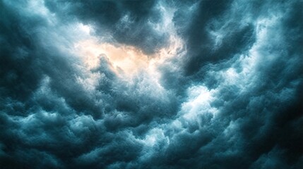 A dramatic and ominous sky with dark clouds and a hint of sunlight peeking through.
