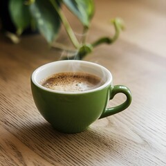 A photo of a green coffee cup with a steaming beverage inside. The cup is placed on a wooden surface. There's a

green plant in the background. The lighting is soft.