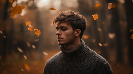 Man with angular jawline wearing a wool sweater stands in autumn forest surrounded by falling leaves in soft natural light