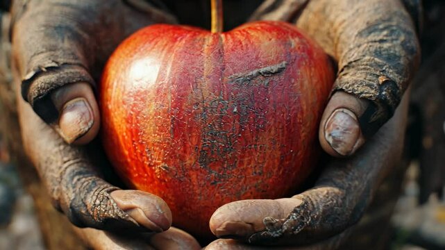 Weathered Hands Holding a Red Apple, dirty hands, rough hands, old hands, wrinkled hands, calloused hands