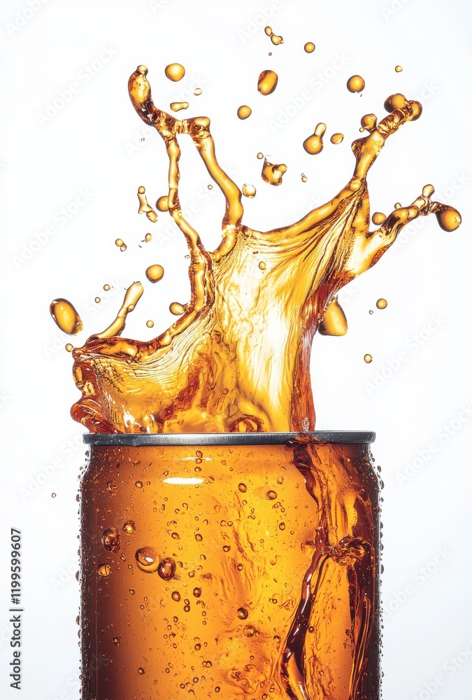 Poster splashing liquid from open can creating dynamic action with bubbles and movement captured in an arti