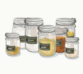 glass container for flour, sugar, pasta dry food spices free waste eco for storing bulk products at home. illustration isolated on white background