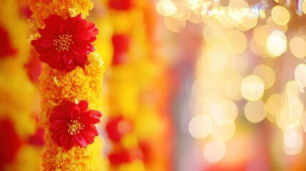 Traditional Indian wedding decor featuring blossoms in vibrant hues.