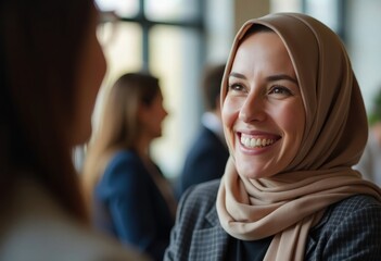 Smiling Muslim businesswoman with a hijab headscarf talking at a networking event