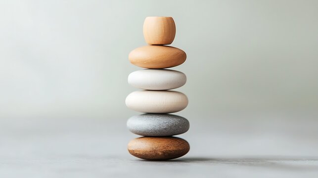 A serene stack of smooth stones in varying colors, symbolizing balance and tranquility against a soft, neutral background.