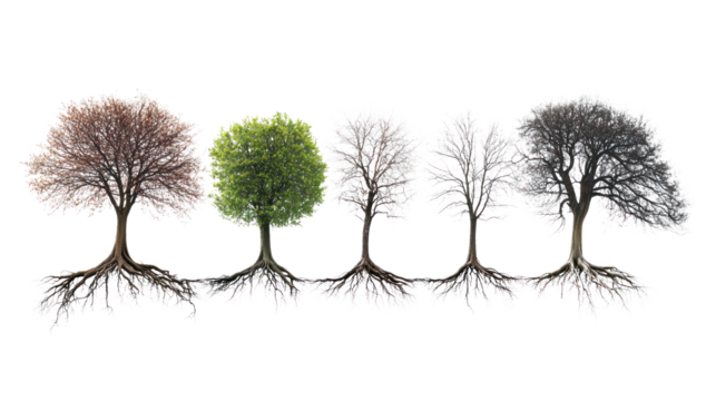 A sequence of five trees representing the seasonal changes from winter to spring, highlighting nature's beauty and growth.