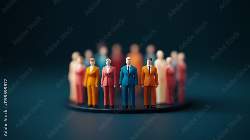 Poster a group of colorful miniature figures stands in a circle, creating a vibrant display against a dark 