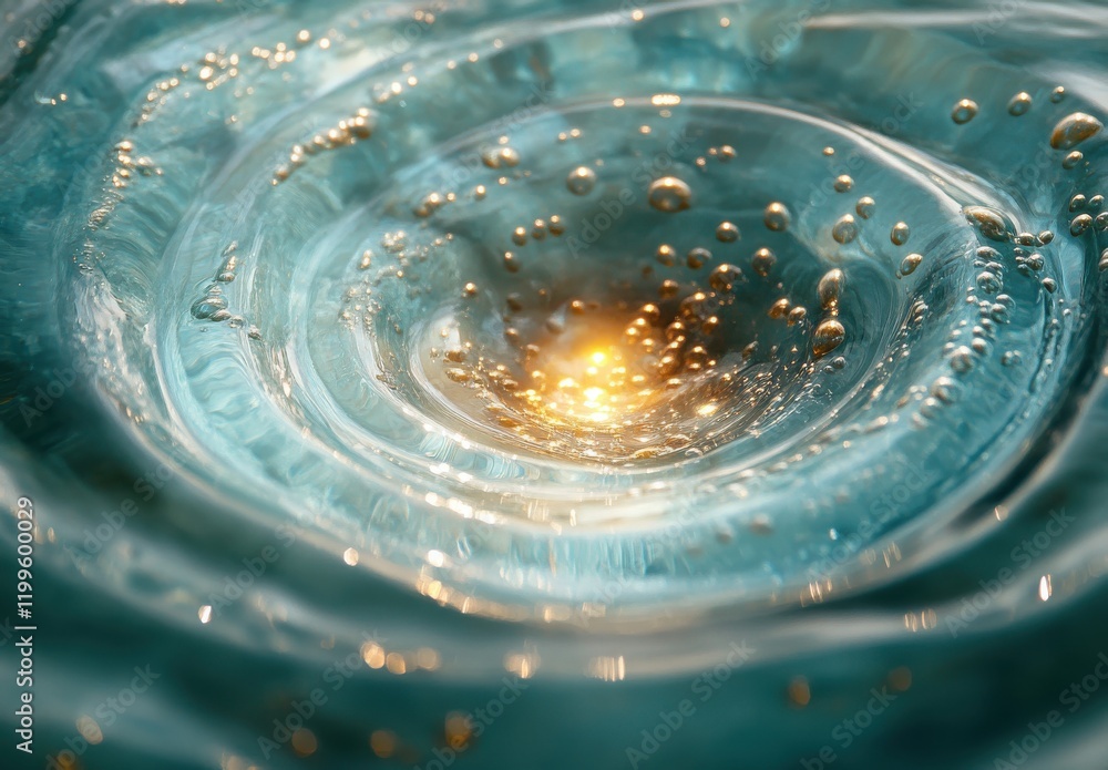 Poster swirling turquoise water with golden bubbles creating an enchanting visual illusion of depth and lig