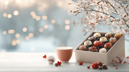 Delightful chocolate treats box displayed amidst winter blossoms cozy indoor setting food photography warm aesthetic close-up view indulgent concept