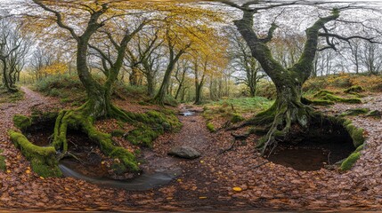 Naklejka premium Autumnal Woodland Path With Mossy Tree Roots And Stream