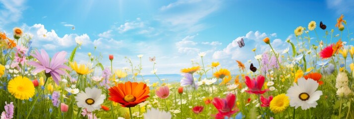 Wiese of Summer Flowers. Panoramic Background of Flowery Meadow, Ideal for Vacation, Recreation and Relaxation. Perfect for Birthday Celebrations