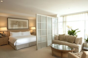 Modern Hotel Room Suite With Room Divider and Comfortable Seating