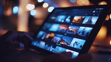A tablet illuminated against a dark backdrop features an online video app.