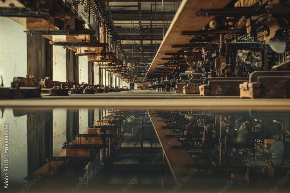 Poster a spacious industrial setting with rows of workstations reflecting on a surface, showcasing machiner
