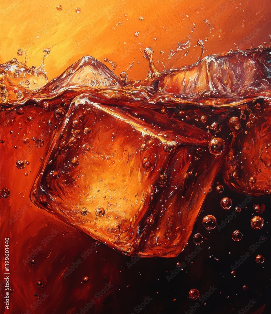 Poster underwater view of ice cubes in brown liquid with bubbles and splashes captured during golden hour h