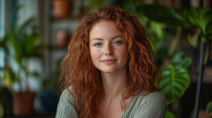 Fototapeta premium Woman with honey-colored curls smiling warmly in a cozy indoor space among lush green plants during daylight hours
