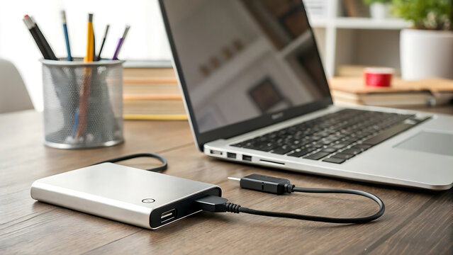 World backup day with sleek external hard drive connected to laptop for data security and storage solutions.