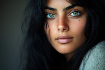 Fototapeta premium Captivating woman with striking green eyes and long black hair posing against a softly blurred background in natural light