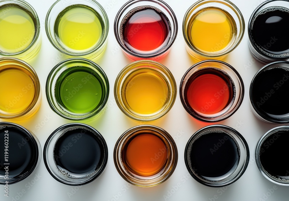 Poster vibrant array of colorful beverages in small glass jars displayed on a clean surface, perfect for il