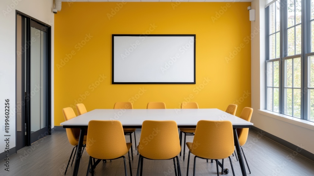 Poster modern yellow conference room with empty table and blank monitor
