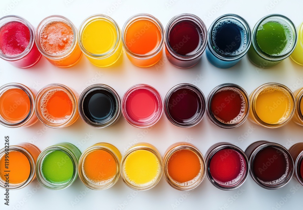 Poster vibrant array of colorful beverages in glass jars on white background showcasing varied textures and