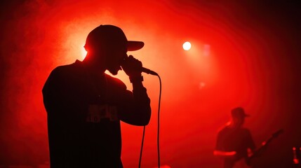 Unrecognizable young rapper engrossed in performance on stage.