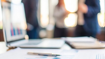 Office Desk Blur: A blurred view of a modern desk setup with financial tools and reports.	

