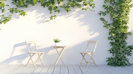 Obraz premium Wooden Chairs Table And Ivy On A White Wall