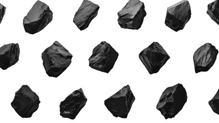 A collection of textured black stones arranged on a white background, showcasing the unique shapes and surfaces of each piece.