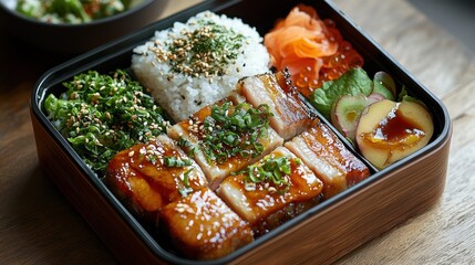 Delicious Japanese bento box with glazed pork belly, rice, pickled vegetables, and seaweed salad.