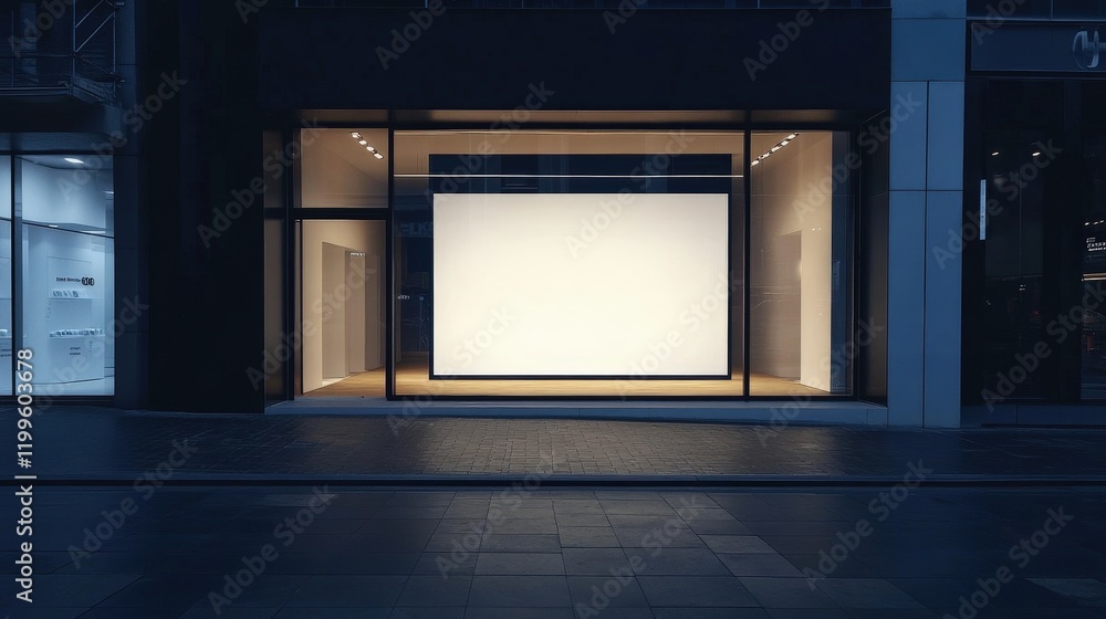 Poster front view of a store showcase window in an urban nighttime setting.