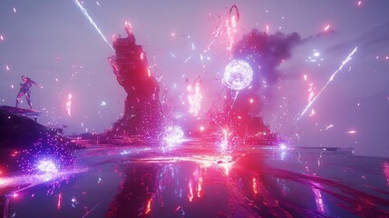 Cyberpunk Fantasy Battle: Neon Lights and Explosions