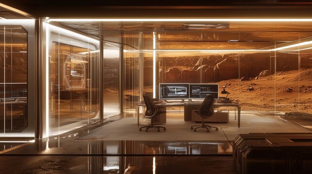 Martian office with panoramic red planet view.