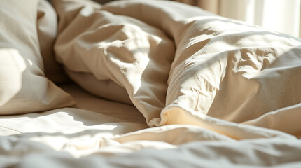 Creamy Beige Bed Sheets in Sunlight: Cozy Morning Atmosphere, Soft Texture and Peaceful Relaxation. Home Interior, Bedroom Decor, Lifestyle Photography.