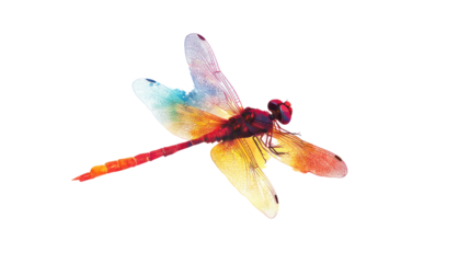 Colorful watercolor dragonfly illustration with transparent wings, showcasing vibrant hues. Perfect for nature-themed designs or decorations.