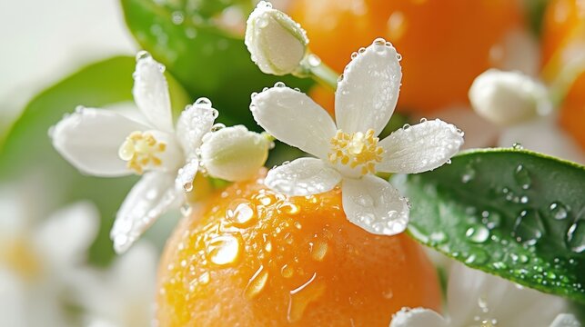 Close-up of neroli blossoms and leaves reflecting water droplets.
