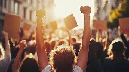 Protesters gather on the street, raising their hands in unity.