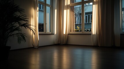 Fototapeta premium Sunlit Room Interior: Serene Space with Warm Light and Plant