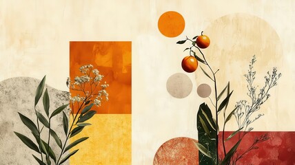 Abstract timeless collage combining bold organic shapes, earthy tones, and delicate vintage botanical overlays