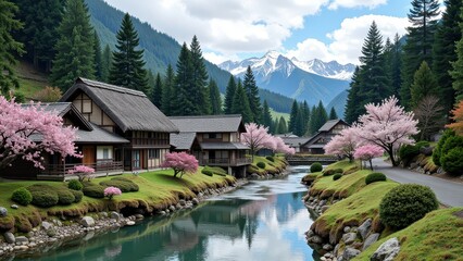 A serene riverside scene features a gentle stream meandering through lush, grassy banks. On one side, a picturesque row of traditional Japanese wooden houses with thatched roofs nestles among verdant 