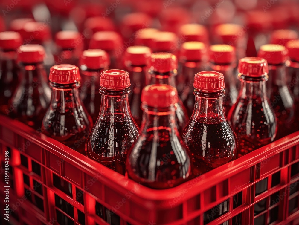 Poster vibrant red bottles in a crate with bubbles reflecting light, perfect for beverage concepts and refr